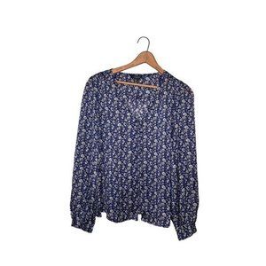 Lucky Brand Small S Blue‎ Floral V-Neck Button Down Long Sleeve Shirt Top Blouse